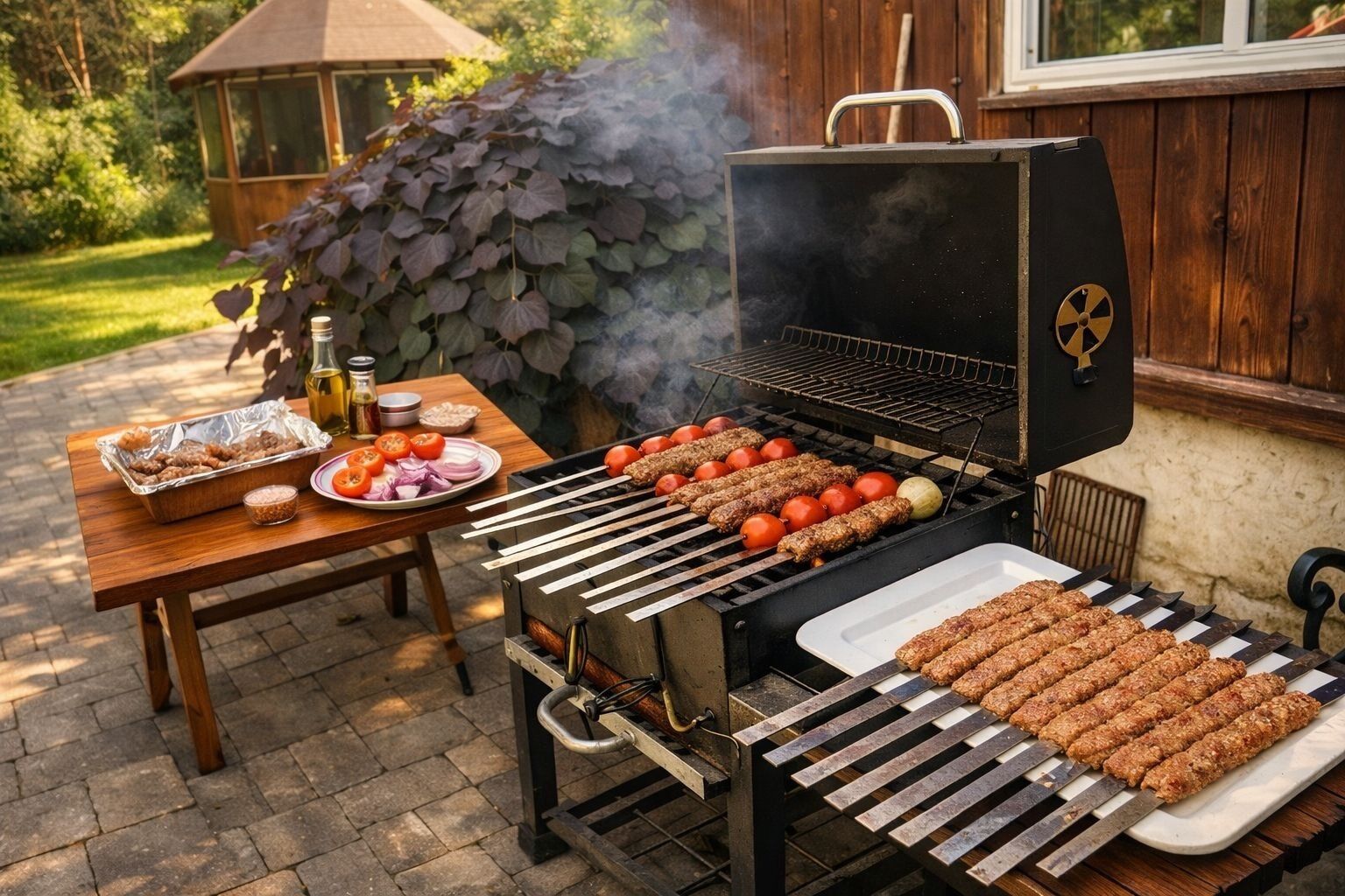 Un barbecue extérieur avec des brochettes de viande et de légumes, une table avec des condiments et une structure en bois en arrière-plan.