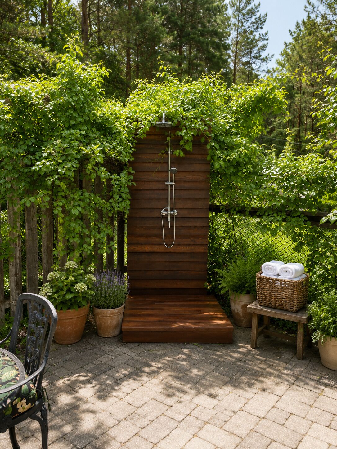 Une douche extérieure en bois, entourée d’une végétation luxuriante, avec un panier en osier rempli de serviettes posé sur un tabouret à proximité.
