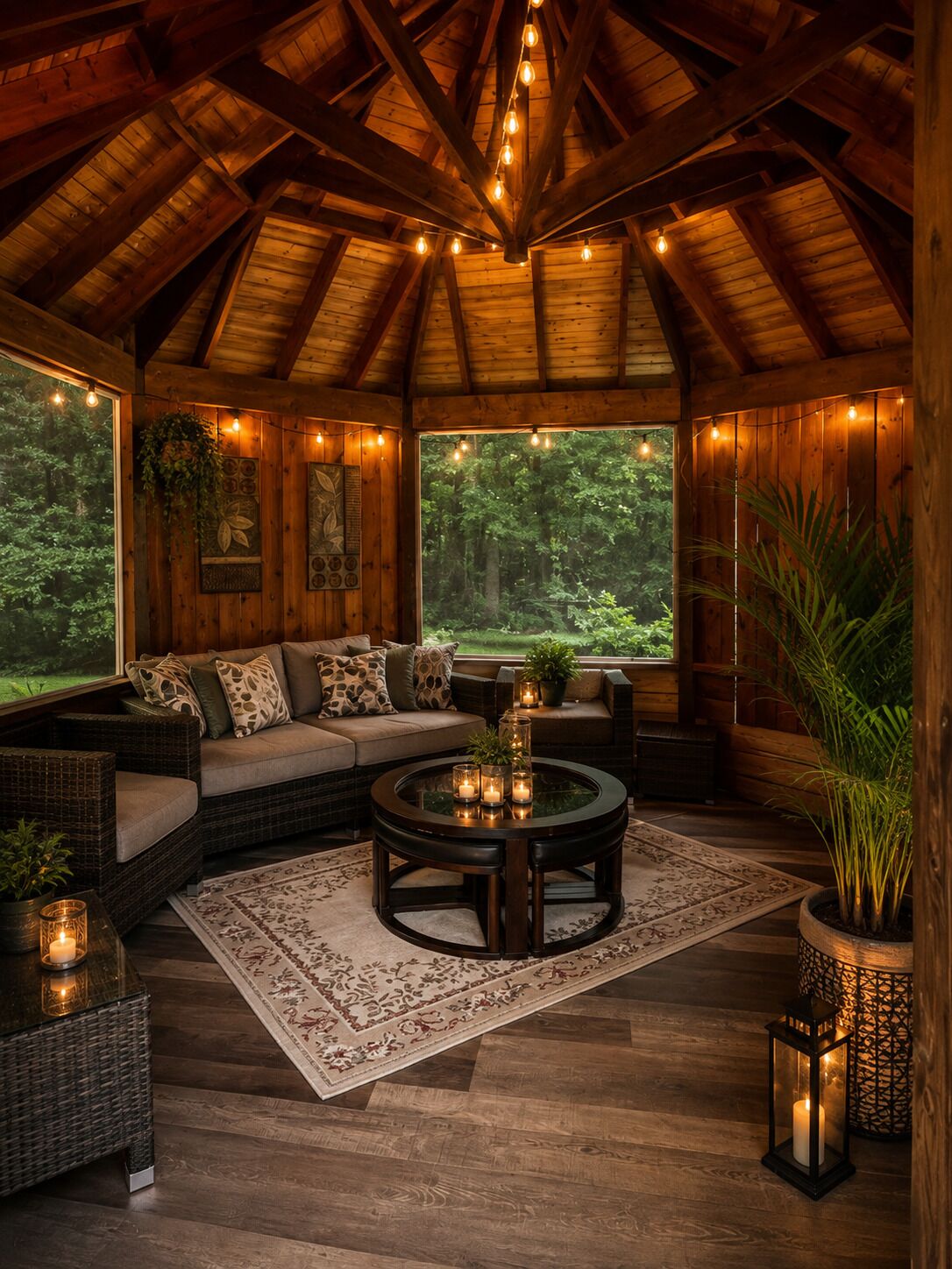 Un intérieur chaleureux et accueillant, avec des éléments en bois, un canapé, une table basse ronde et des plantes en pot.