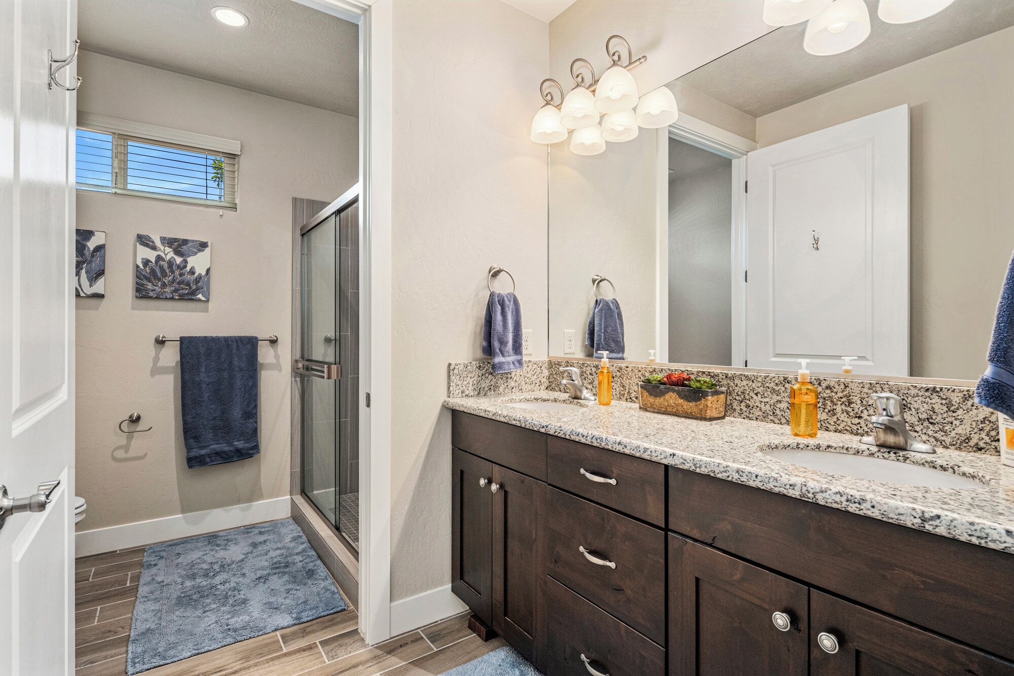 A bathroom with a shower, a vanity with a sink, a mirror, and a towel rack.