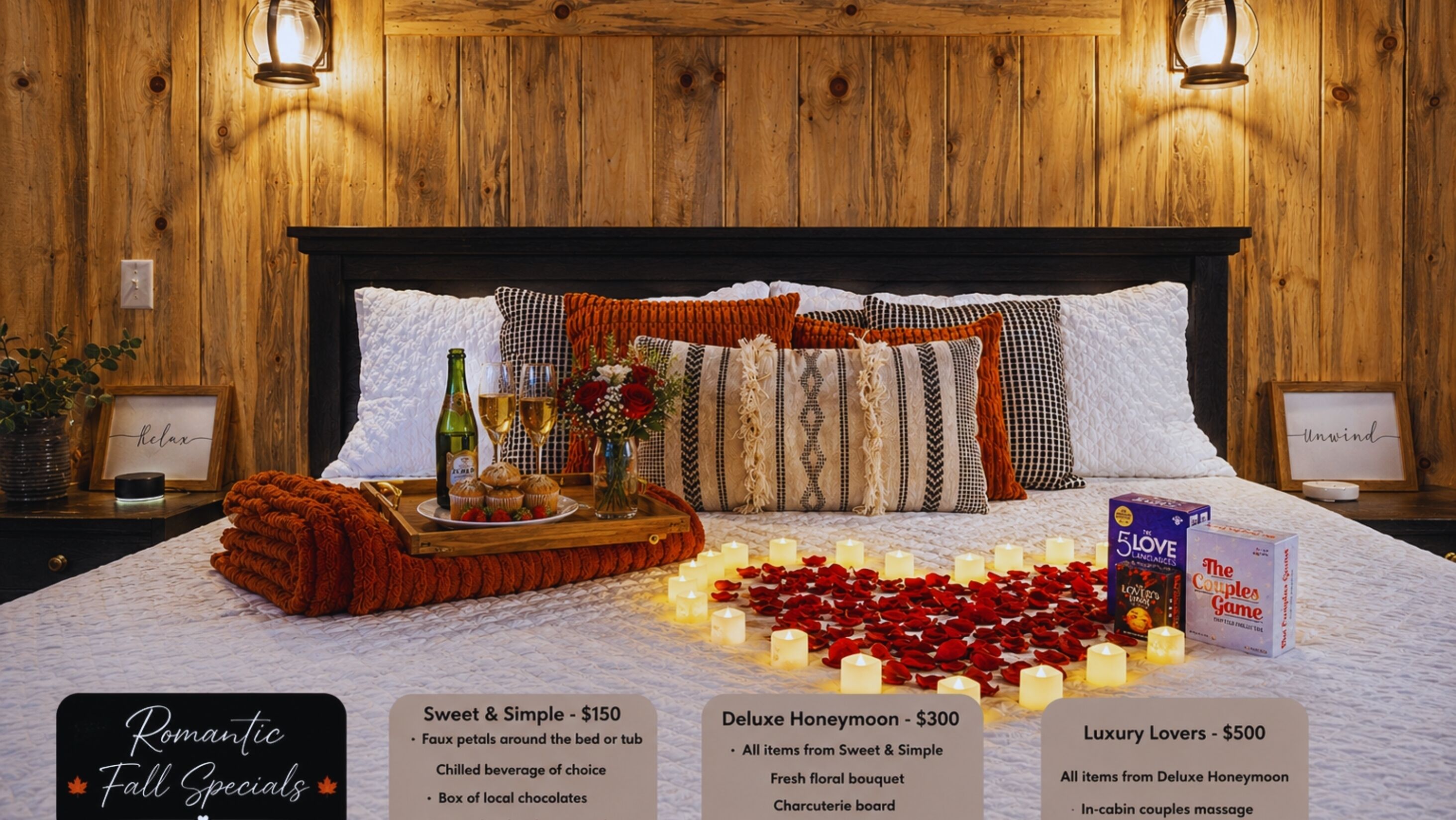 Un dormitorio acogedor con cabecera de madera, una mesita de noche con una botella, vasos y una bandeja de pasteles. Hay velas y pétalos de rosa sobre la cama, y un cuadro en la pared.