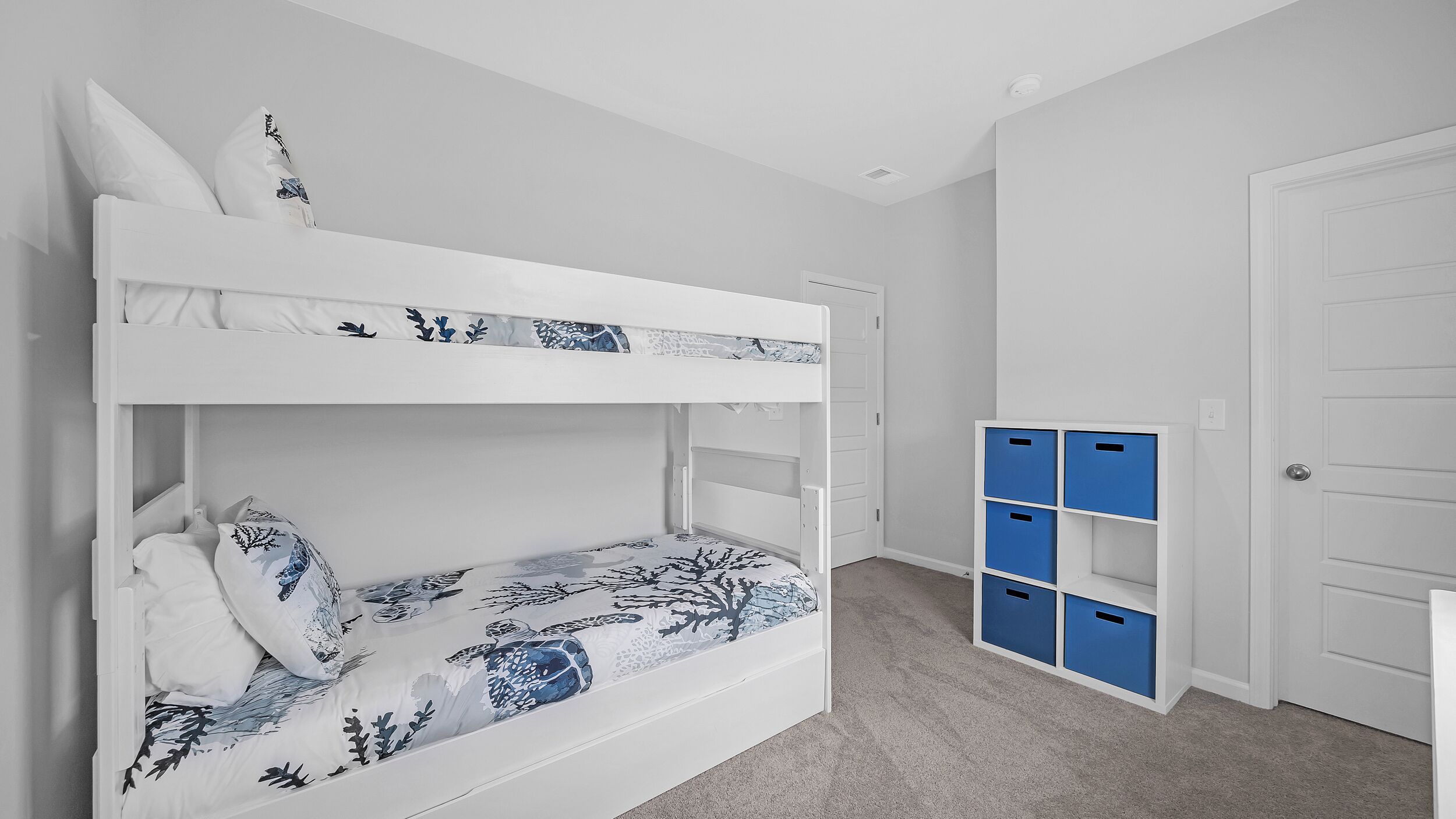 A bunk bed with patterned bedding, a door, and blue storage boxes.
