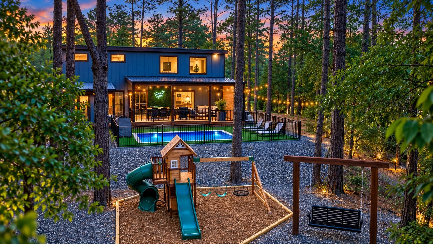A modern house with a pool, a wooden play structure, and a deck.