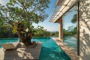 A modern outdoor pool area with a tree, wooden deck, and a glass-enclosed structure.