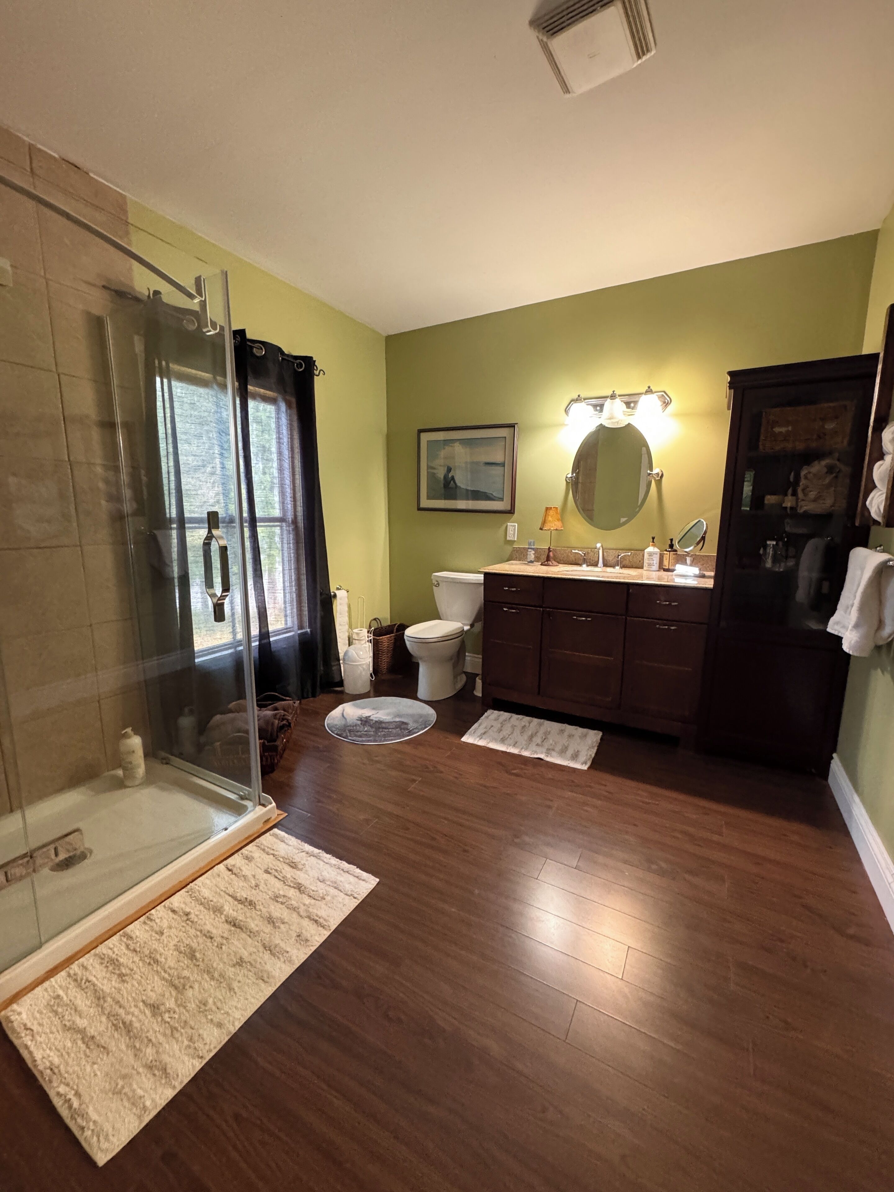 Une salle de bain avec une douche à parois de verre, des toilettes, un lavabo avec un miroir et un meuble de rangement.
