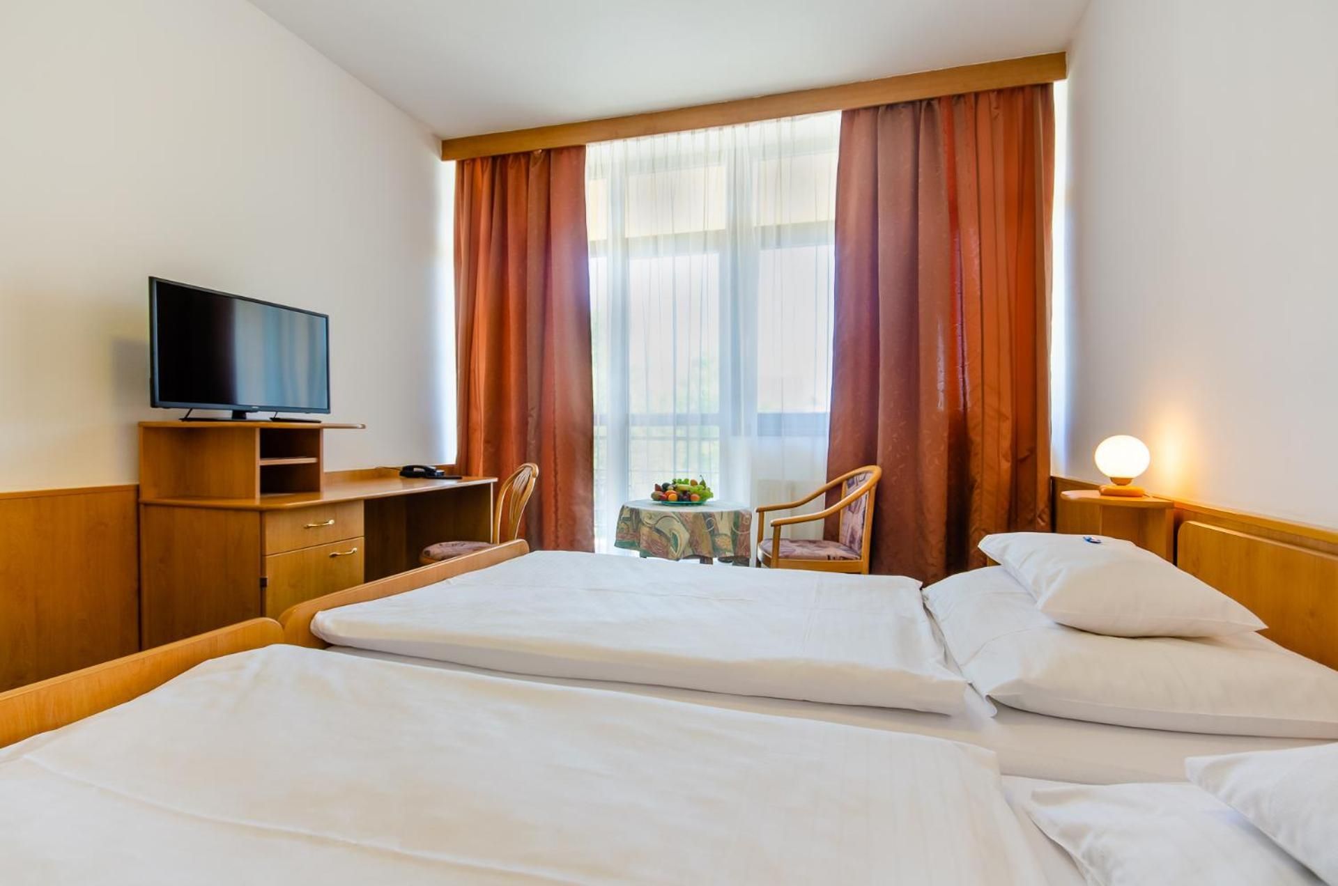 Habitación de hotel con dos camas, un televisor sobre un soporte de madera, una mesa con fruta y una silla.