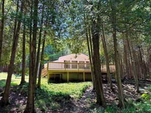 A cabin with a wooden deck and a fenced area, surrounded by tall trees. - Hidden River Retreat | Secluded Riverfront Cottage (Markdale)