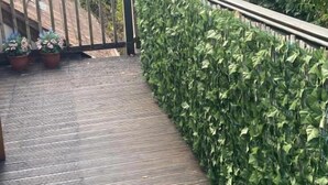 Um deck de madeira com guarda-corpo de metal, cercado por vegetação verde densa.