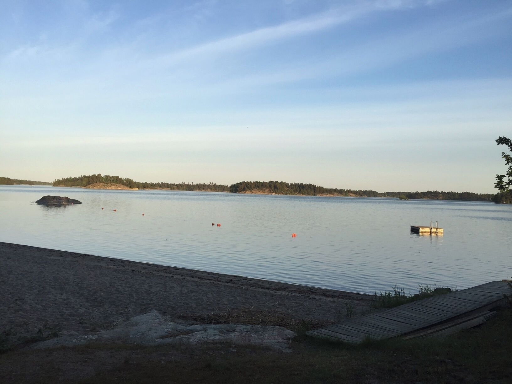 Ein ruhiger See mit einem hölzernen Steg, der sich ins Wasser erstreckt, umgeben von einem bewaldeten Ufer.