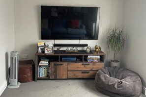Ein Wohnzimmer mit Flachbildfernseher an der Wand, einer Holzunterhaltungsecke mit Büchern und Dekorationsgegenständen, einem braunen Ledersitzhocker und einer Topfpflanze.