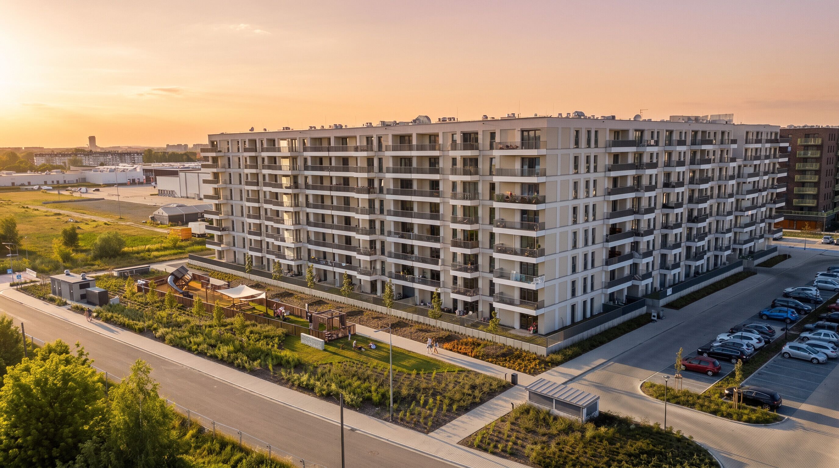 Un immeuble résidentiel à plusieurs étages, doté de balcons, d’un parking et d’un espace paysager avec des arbres.