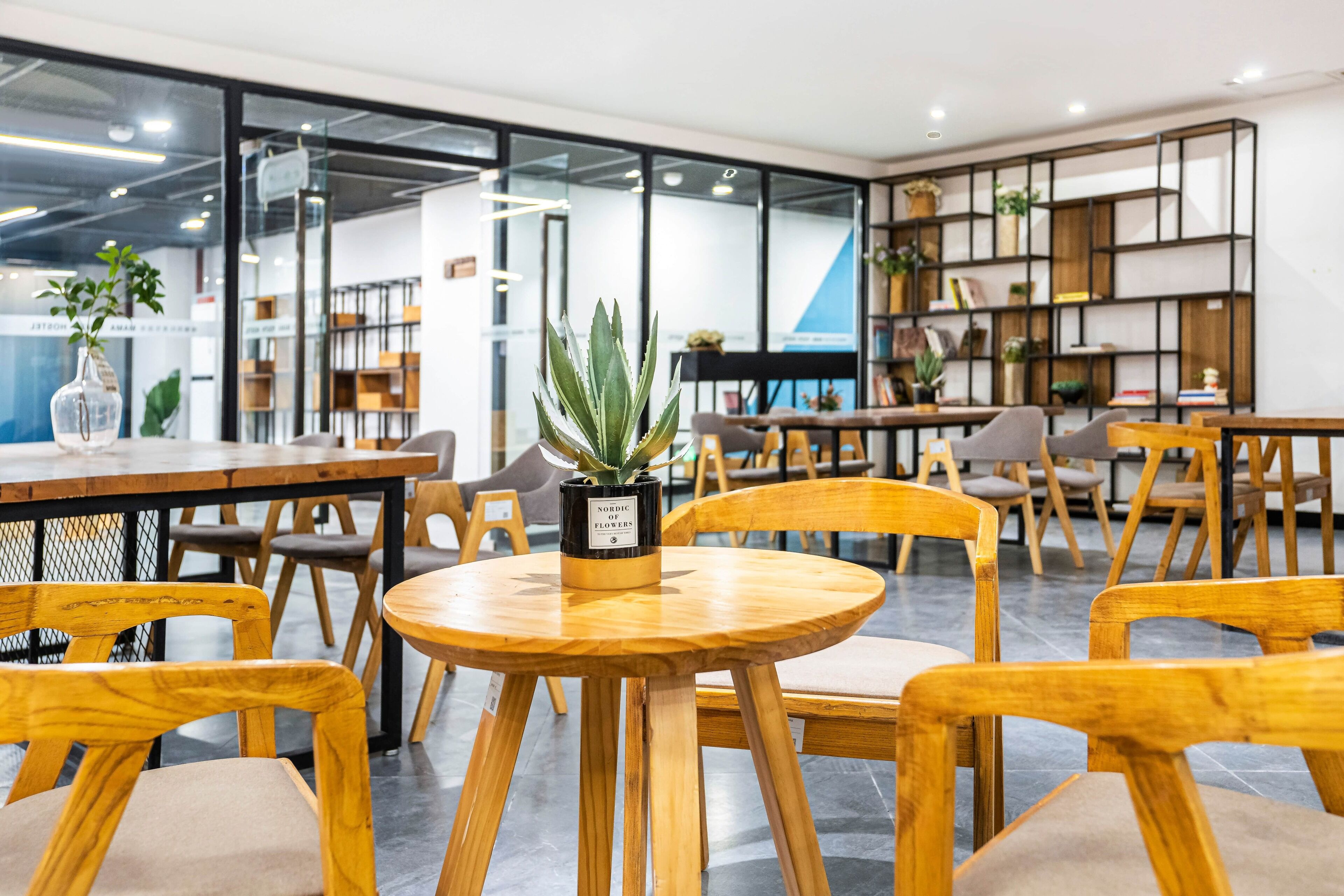 A modern indoor space with round wooden tables and chairs, a potted plant, and a bookshelf in the background.