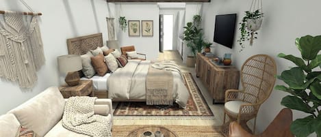 Una sala moderna con una cama, sofás, una mesa de centro y un televisor.