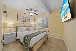 A bedroom with a bed, bedside tables, a ceiling fan, a wall-mounted TV, and a window with blinds.