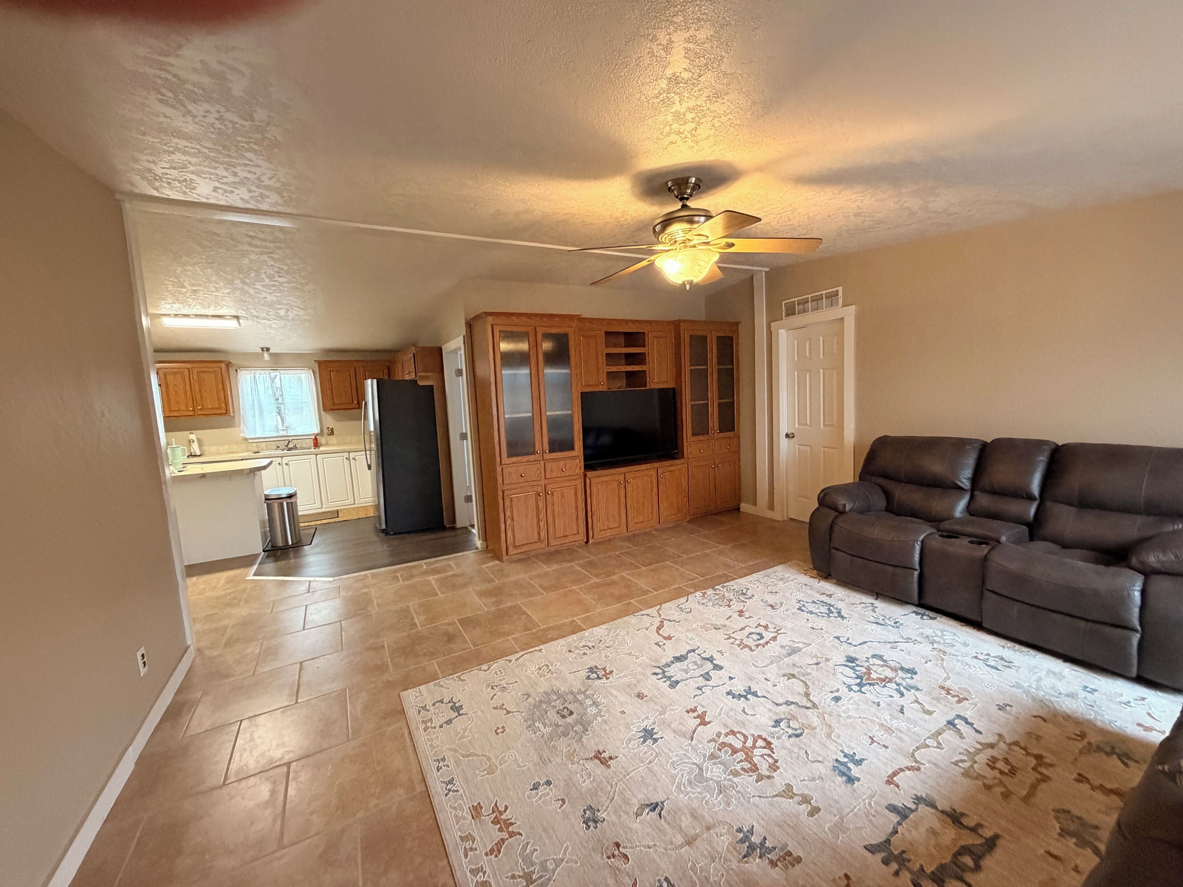 A living room with a brown sofa, a television, and a patterned rug.