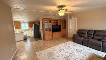 A living room with a brown sofa, a television, and a patterned rug.