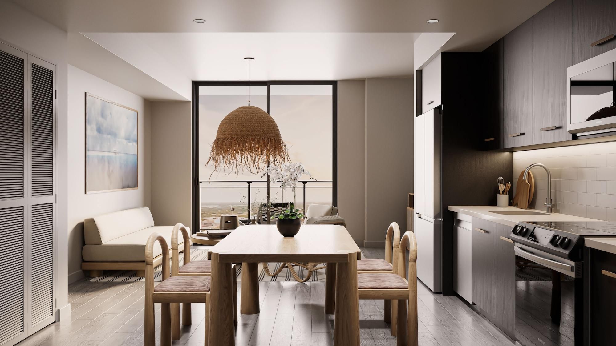 A modern kitchen with a dining area, large windows, and a view of the outdoors.