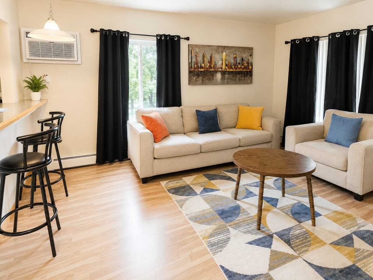 Una sala de estar con sofá, dos sillones, una mesa de centro y un tapete estampado.