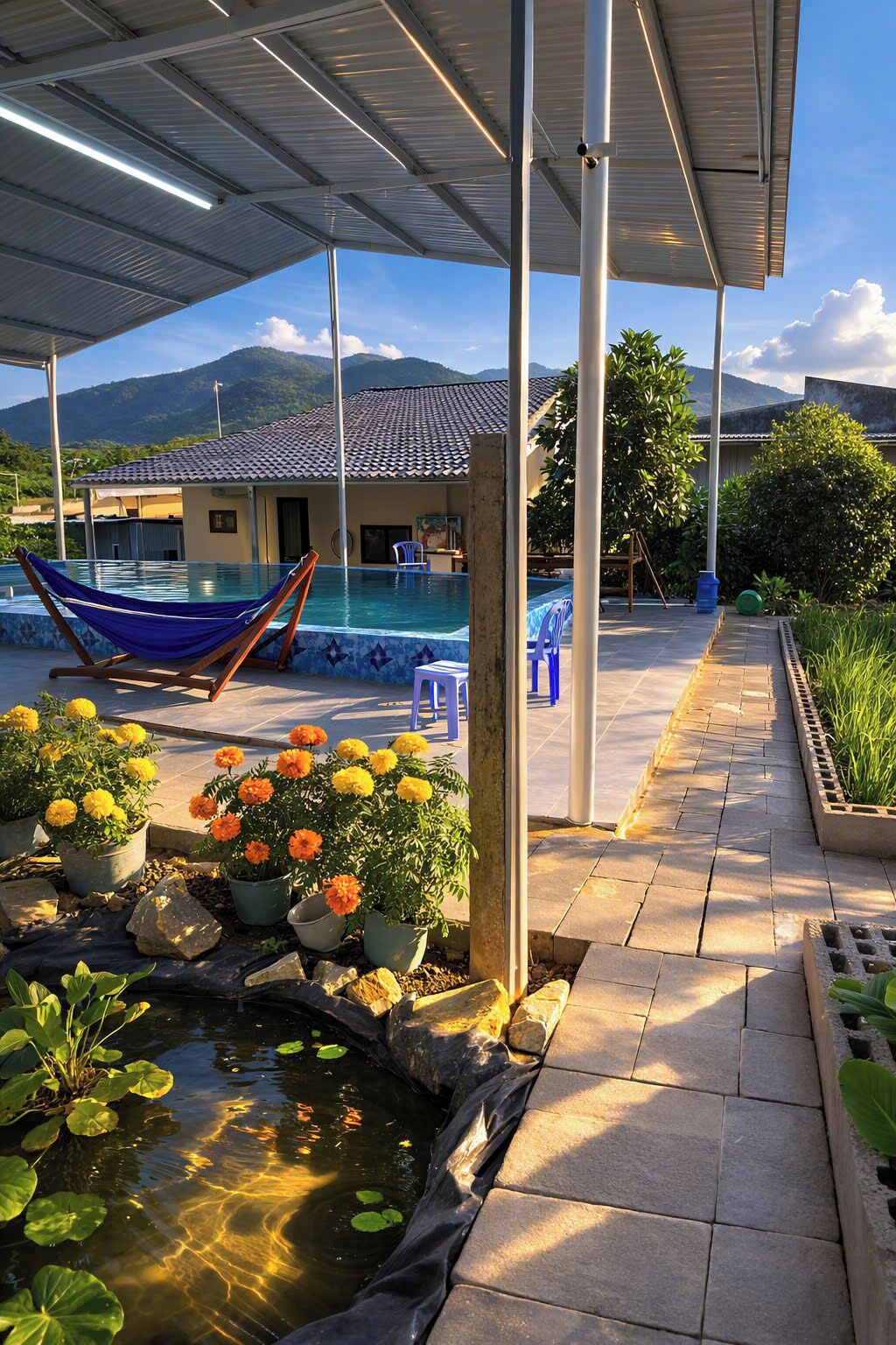 A covered outdoor area with a swimming pool, a hammock, and potted plants.
