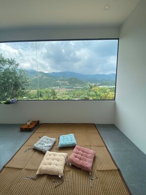 A room with tatami mats, a large window, and a view of mountains.