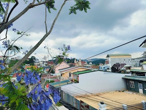 A residential area with houses, a church, and a hill in the background.