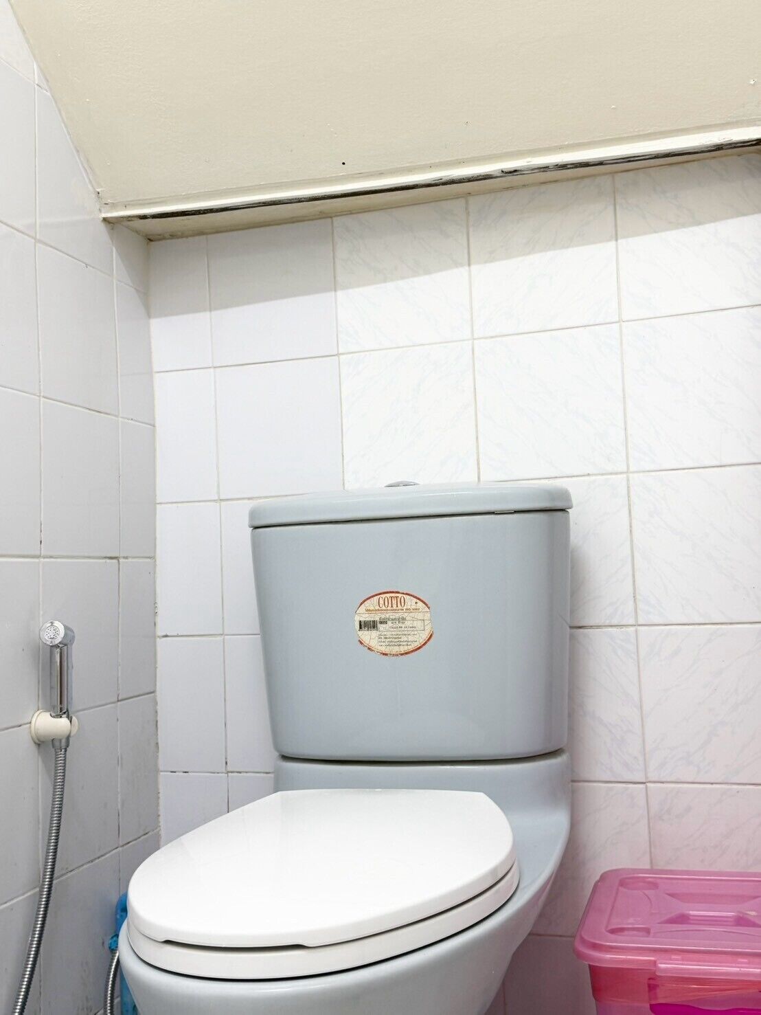 A bathroom with a white toilet, a shower, and a pink storage bin.
