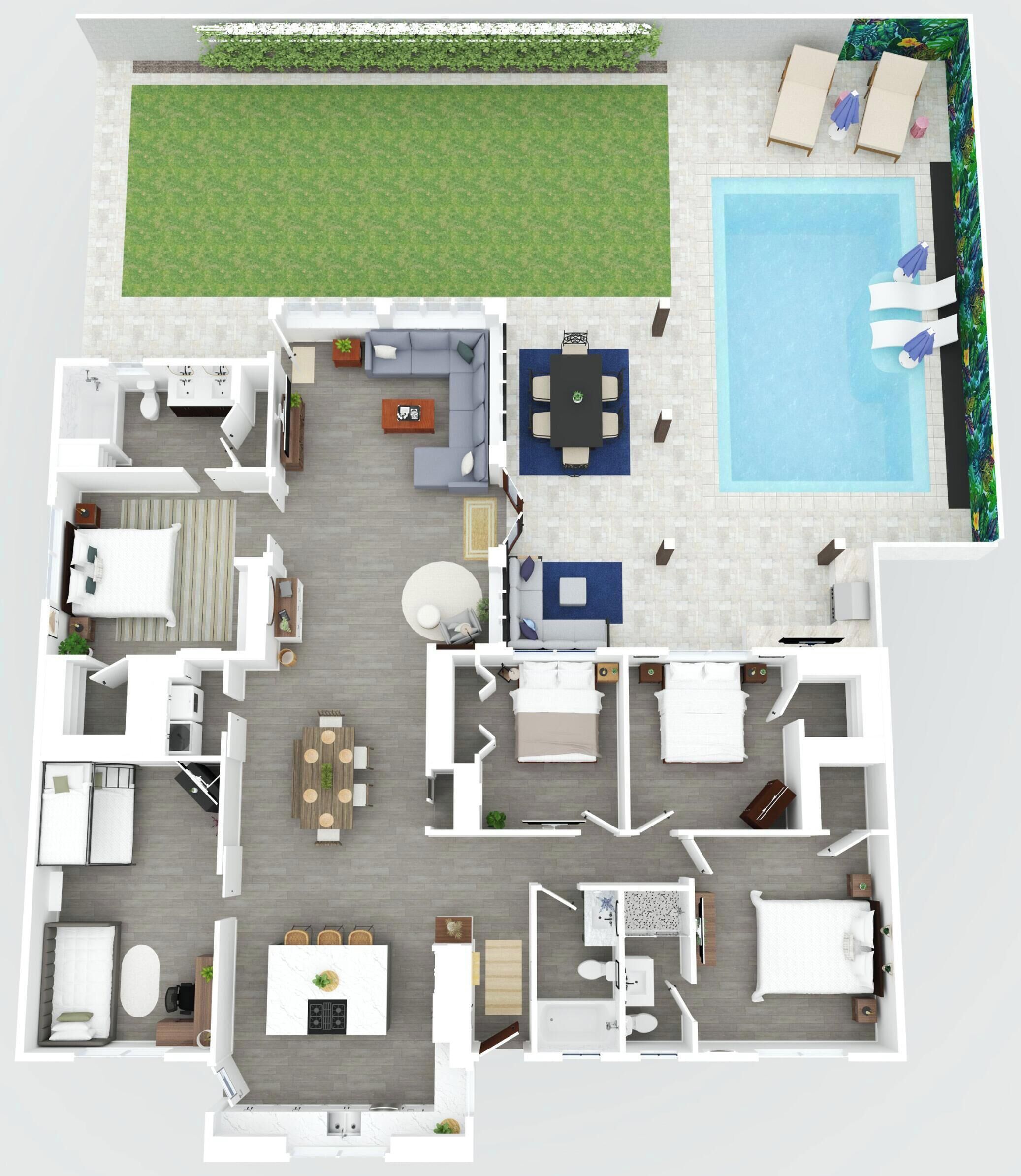 Ein zweigeschossiges Wohnhaus mit Schwimmbad, mehreren Schlafzimmern, einer Küche und einem Wohnbereich.