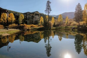 Ein friedlicher See mit Gebäuden, Herbstbäumen und blauem Himmel.