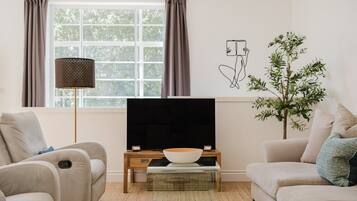 Een woonkamer met een bank, een stoel, een tv op een dressoir, een plant en een raam met gordijnen.
