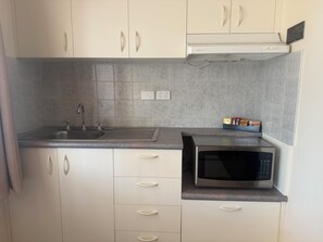 Una cocina compacta con microondas integrado, un lavamanos y un escurreplatos.
