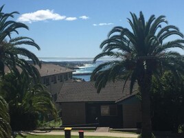 Um edifício com telhado de cerâmica, rodeado por palmeiras, com vista para um corpo de água.