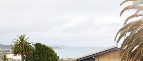 A coastal property with a view of the sea, a brick building, and a palm tree.