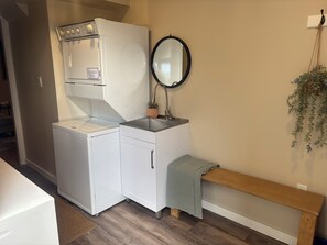 A compact laundry area with a washing machine, a sink, and a mirror. - Enjoy your stay at our guest suite located in the Chilliwack Eastern Hillsides. (Chilliwack)