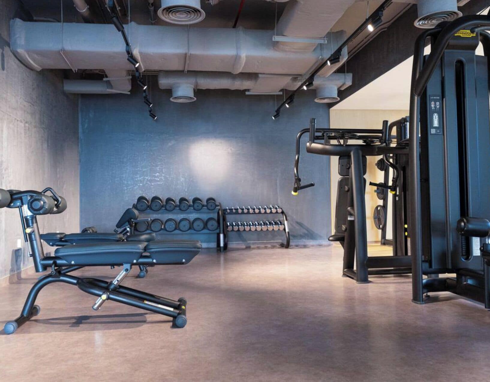 A gym with exercise equipment, including a bench, dumbbells, and a squat rack.