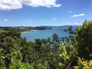A coastal landscape with a view of the sea, hills, and dense greenery. - MATARANGI BACH Cosy 2 bedroom bach in a lush garden setting (Matarangi)