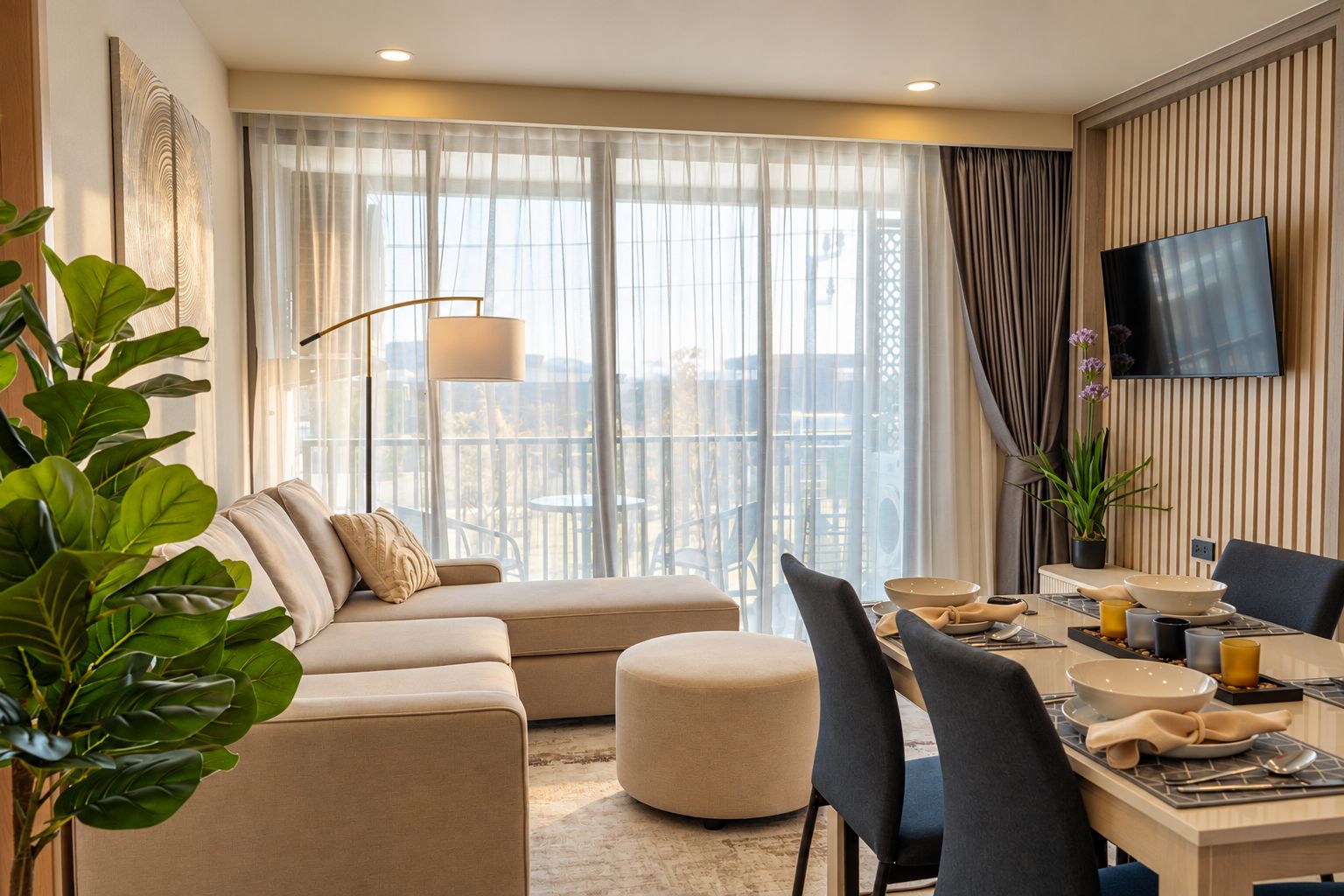A modern living room with a sofa, ottoman, dining table, chairs, and a flat-screen TV mounted on the wall.