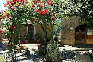 A courtyard with a stone building, potted plants, and a table with chairs. - Casa Camomilla C: A characteristic and welcoming two-story apartment that is part of an ancient country house surrounded by meadows and by green hills, with Free WI-FI. (Pontassieve)