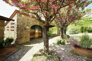 A stone building with a wooden door, surrounded by a garden with flowering plants and a paved pathway. - Casa Camomilla C: A characteristic and welcoming two-story apartment that is part of an ancient country house surrounded by meadows and by green hills, with Free WI-FI. (Pontassieve)