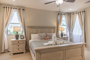 A bedroom with a bed, nightstands, lamps, and curtains. - @marbella Lane -amazing 5br Home In Rancho Mission (San Juan Capistrano)