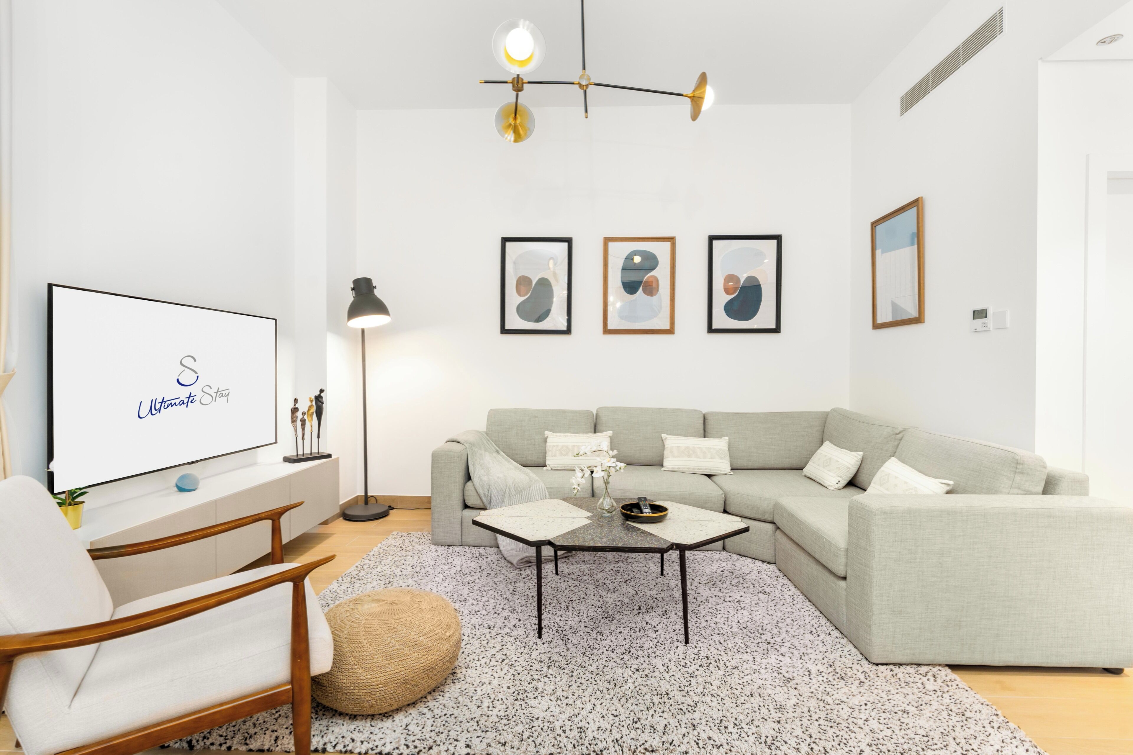 A modern living room with a grey sofa, a coffee table, a TV, and framed artwork on the wall.
