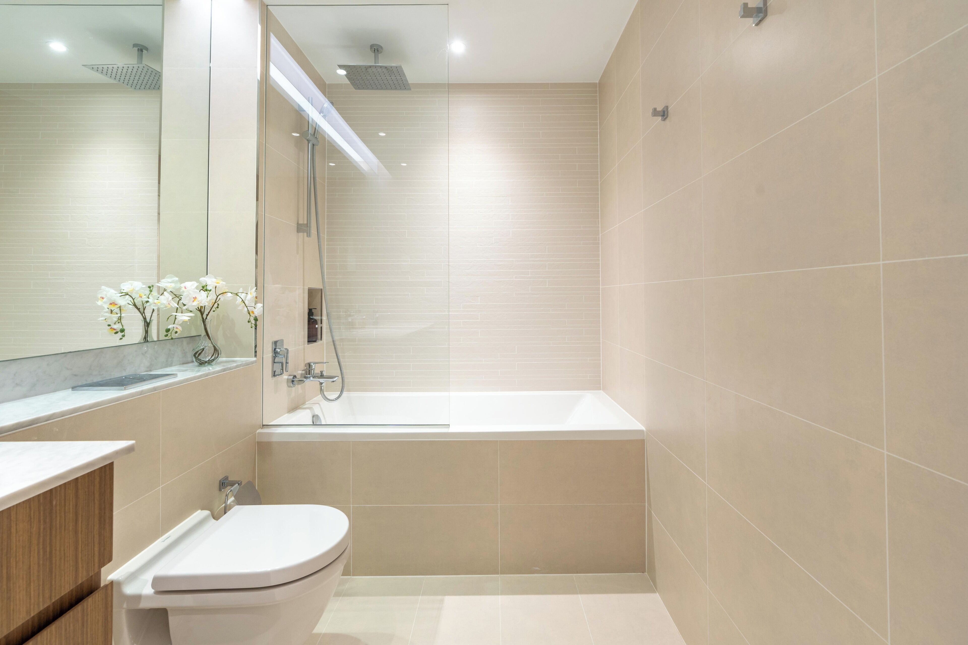 A modern bathroom with a shower, toilet, and a vanity with a mirror.
