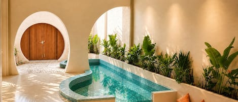A swimming pool with a curved edge, surrounded by plants and a wooden door.