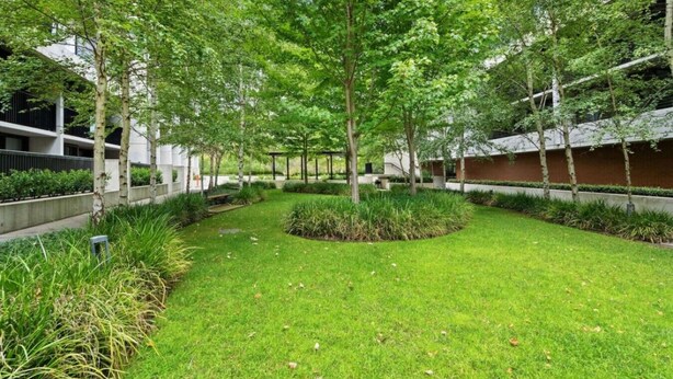 A landscaped courtyard with trees, a central garden area, and a building in the background. - Mountain View 1BR Retreat in Braddon (Braddon)