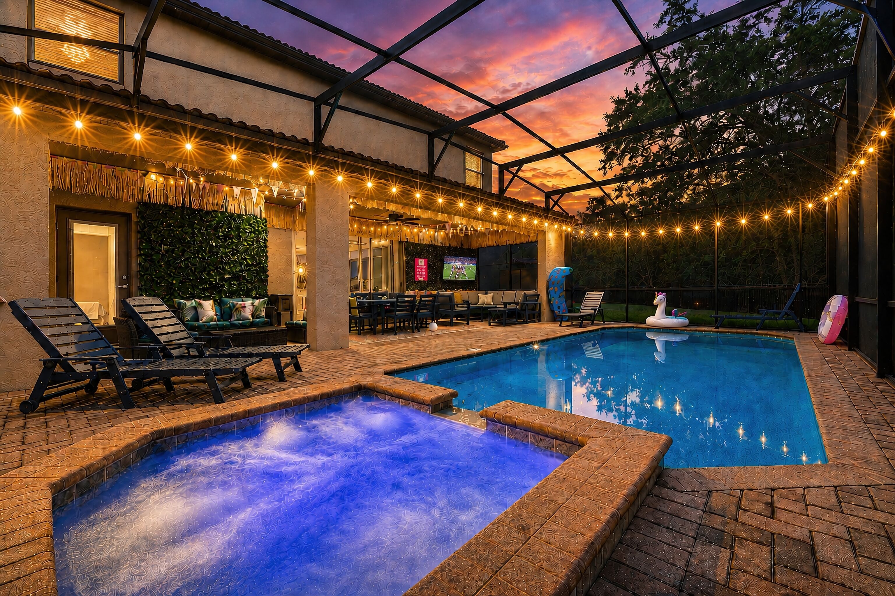 An outdoor pool area with lounge chairs, a hot tub, and string lights.