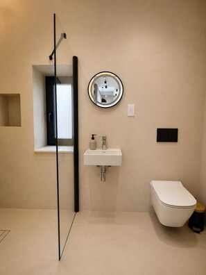 Douche, sèche-cheveux, serviettes fournies, savon