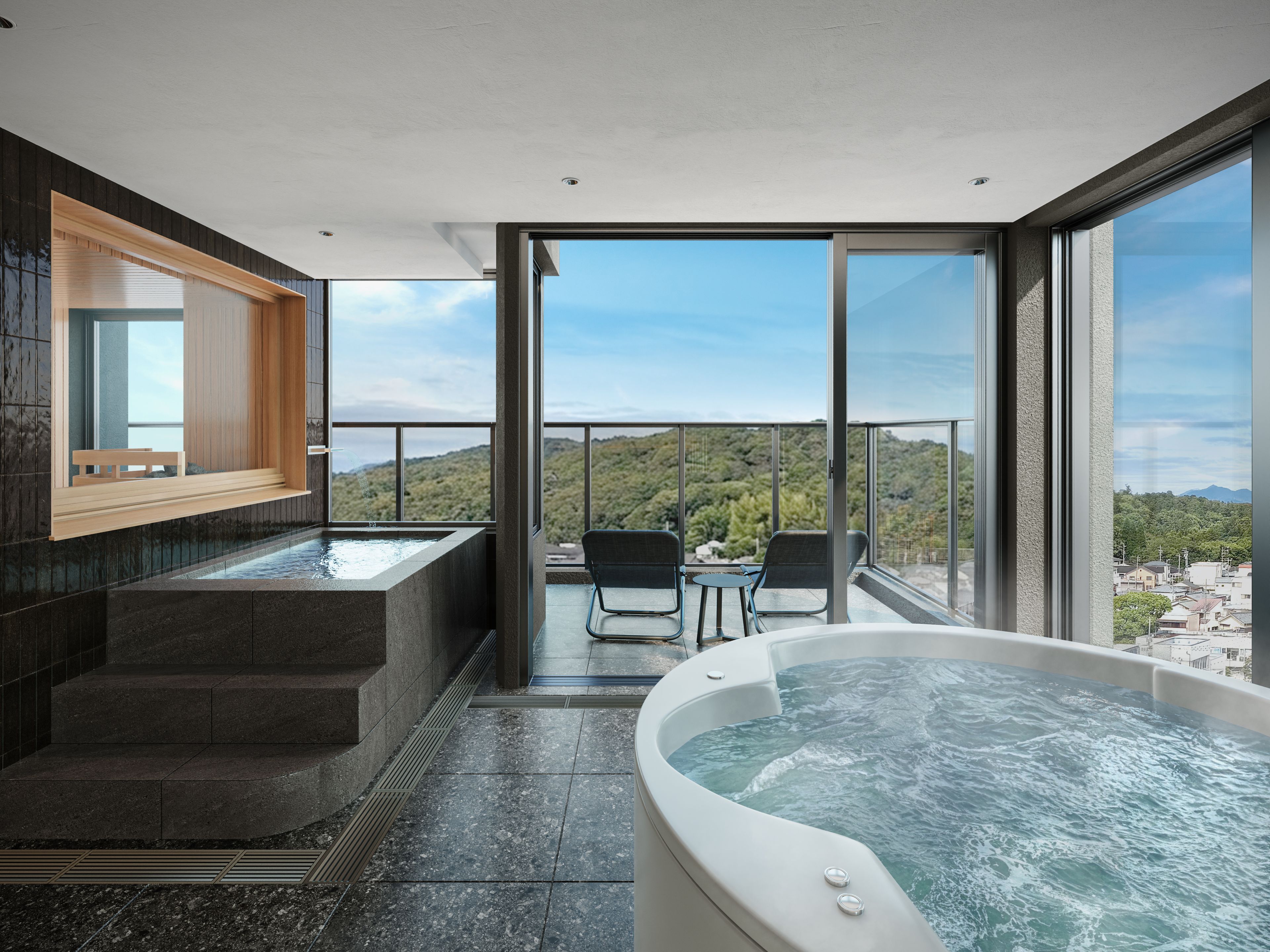 A modern bathroom with a large bathtub, a wooden bench, and a view of the surrounding landscape.