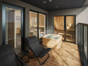 A modern interior with a wooden deck, a seating area with a chair and a table, and a hot tub. - edit x seven ISE (Ise)