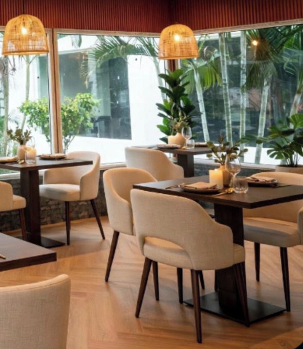 A dining area with tables and chairs, large windows, and indoor plants.