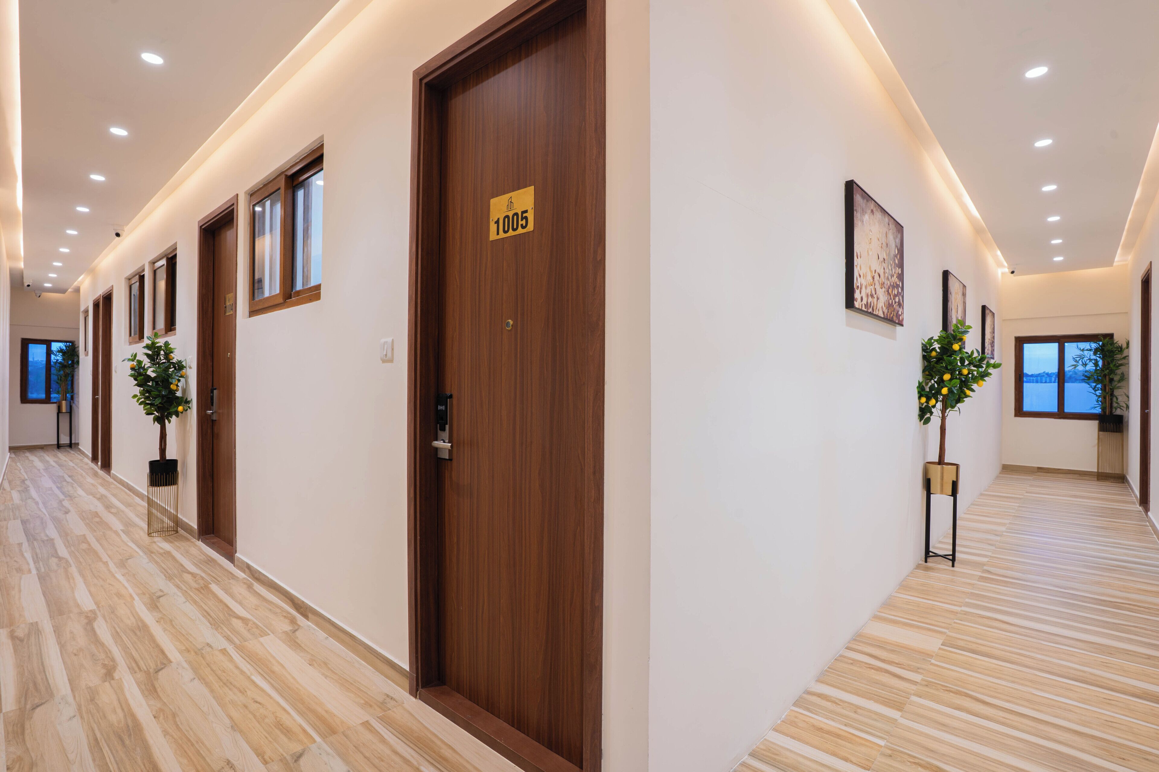 A hotel corridor with wooden doors, potted plants, and artwork on the walls.