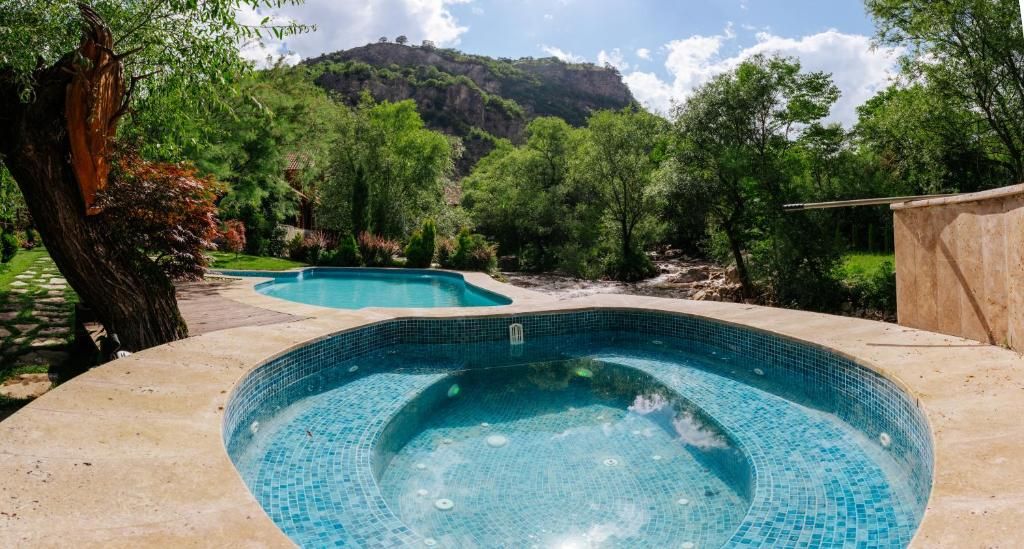 A swimming pool with a tiled edge, surrounded by greenery and a mountain in the background.